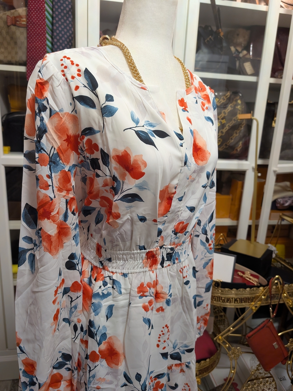 Floral Midi Dress in White with Orange and Blue Print